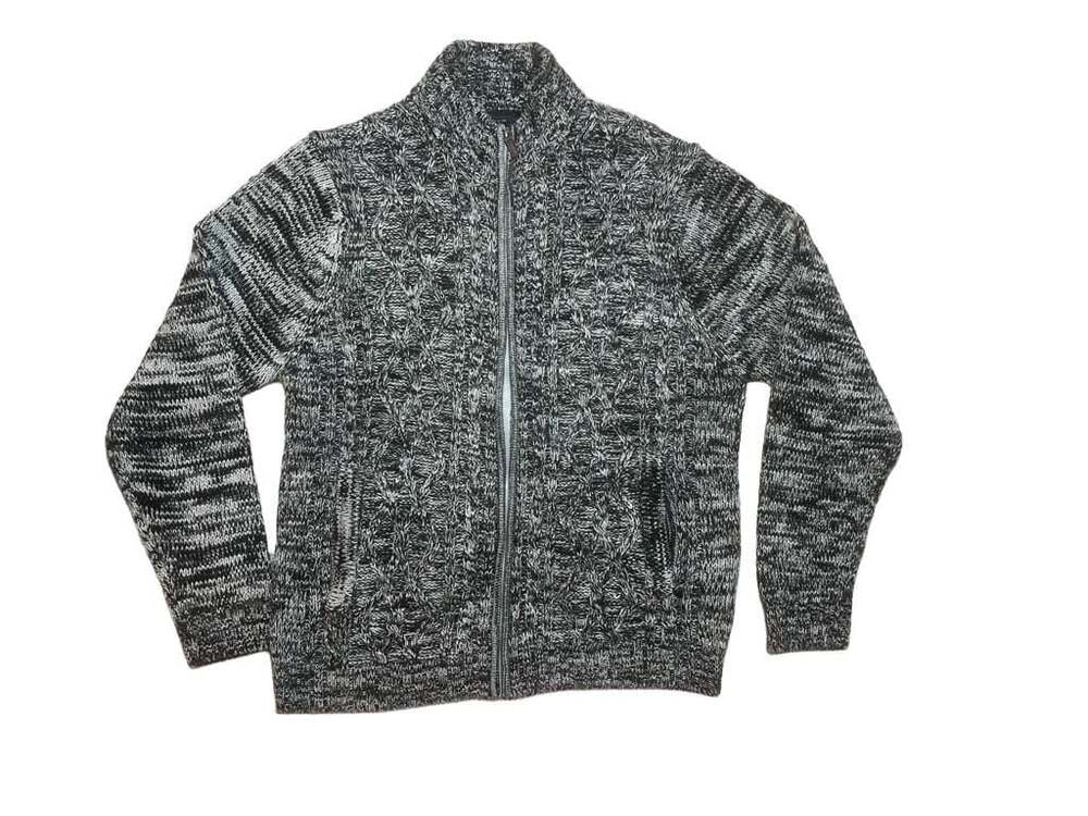 Gioberti Men's Full Zip Heavy Weight Twisted Marled Knit Sweater Black/White-L